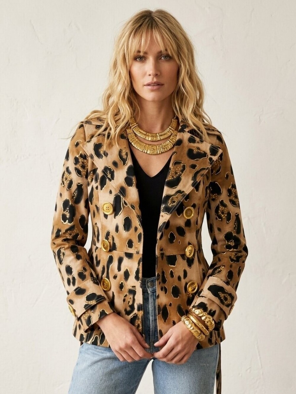 Cache Vintage Leopard Print Linen Blend Waist Trench Coat w/Belt Gold Buttons